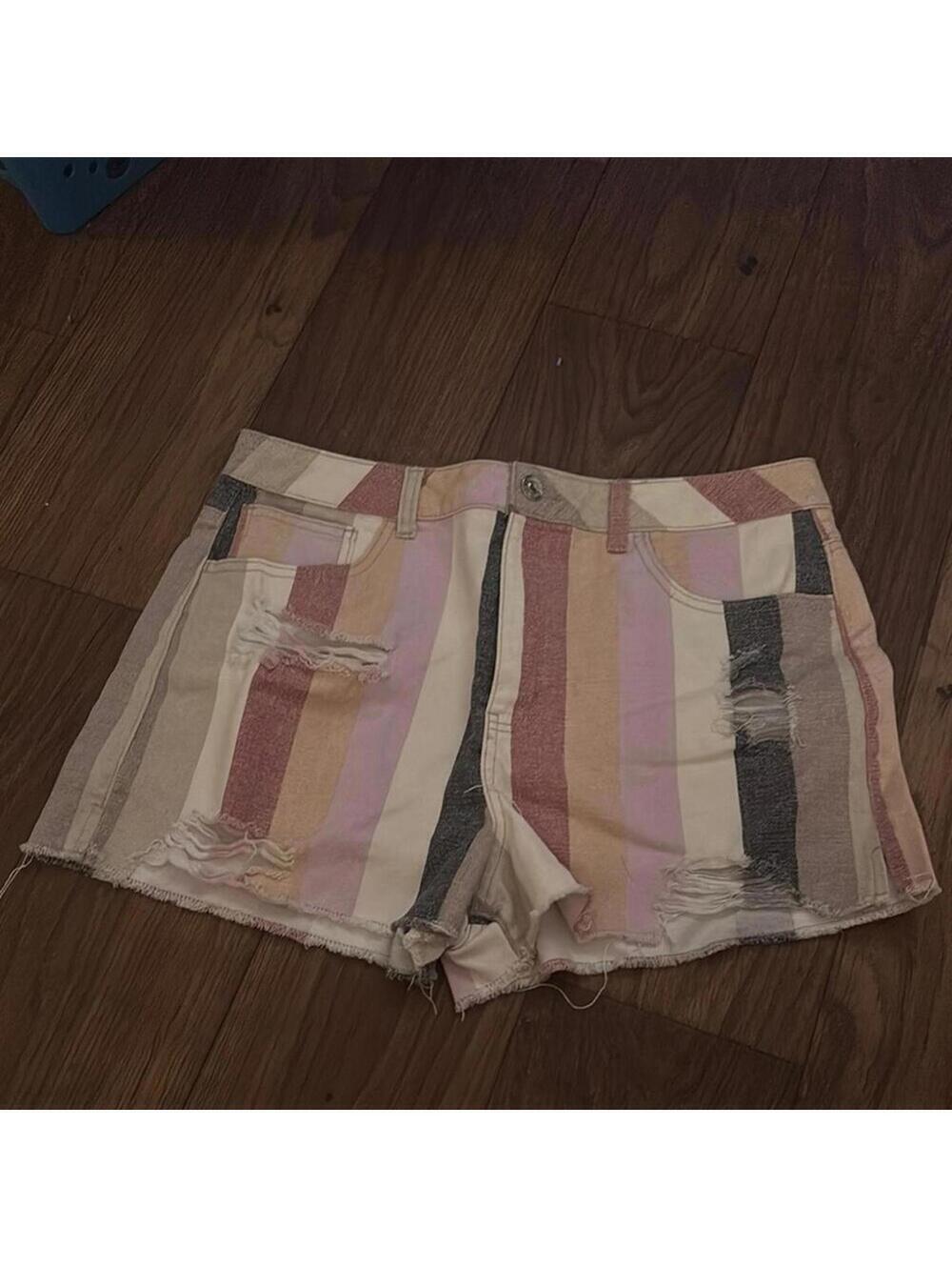 Forever 21 Pink and Orange Jean Shorts Color-Blocked Striped Design Distressed